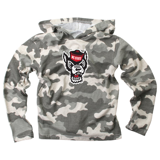 North Carolina State Wolfpack Wes and Willy Youth Boys Long Sleeve Camo Hooded T-Shirt