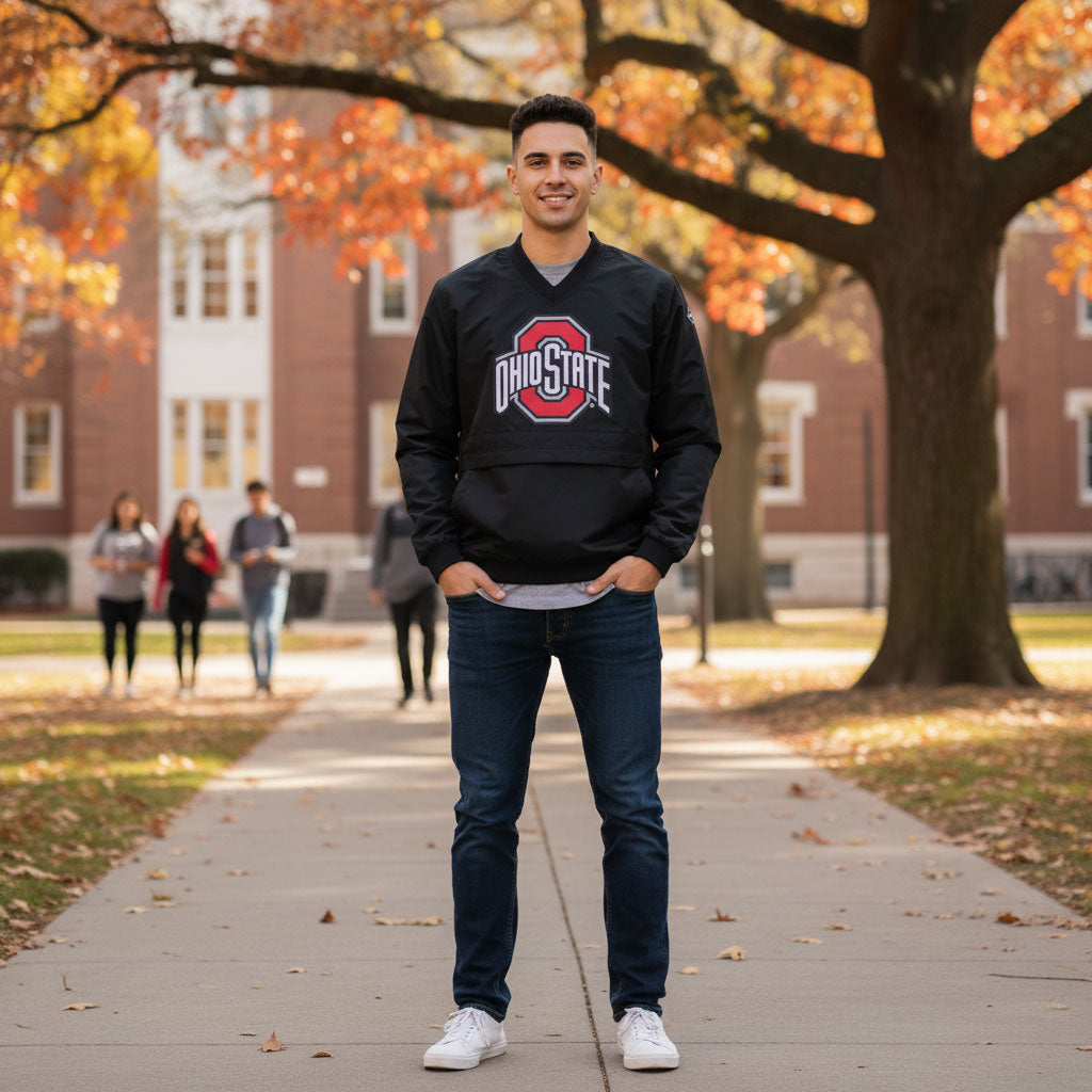 Ohio State Buckeyes Franchise Club Men's Big Logo Windshell V-Neck Pullover Jacket Black