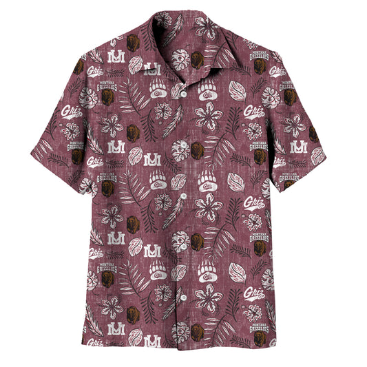 Montana Grizzlies Wes and Willy Mens College Hawaiian Short Sleeve Button Down Shirt Vintage Floral