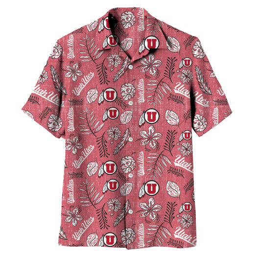 Utah Utes Wes and Willy Mens College Hawaiian Short Sleeve Button Down Shirt Vintage Floral