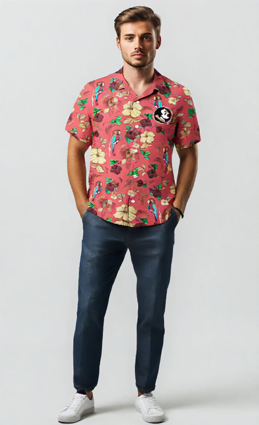 Florida State Seminoles Wes and Willy Tropical Parrot Print Hawaiian Button Up Shirt