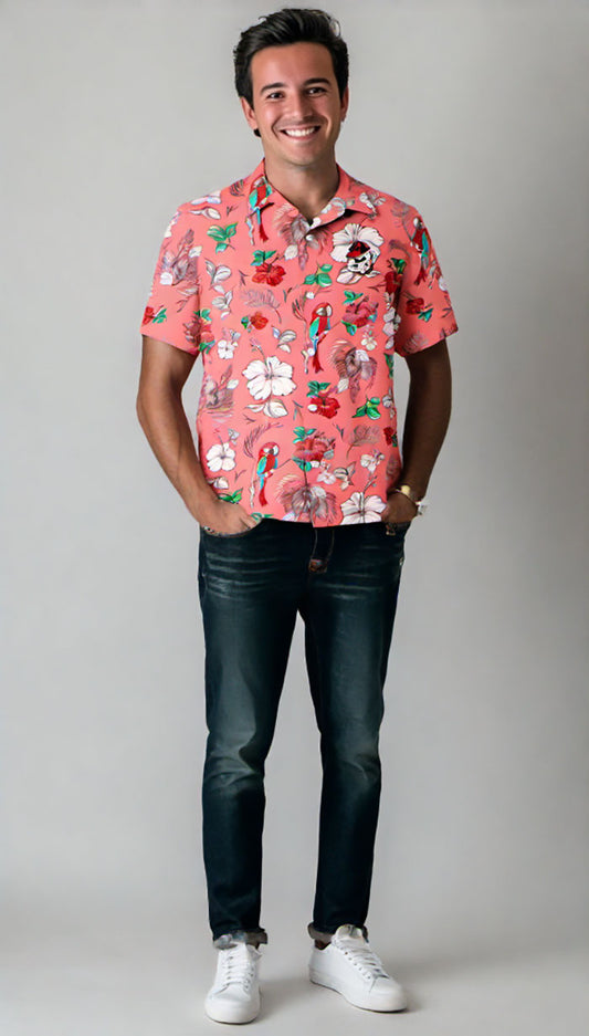 Georgia Bulldogs Wes and Willy Tropical Parrot Print Hawaiian Button Up Shirt