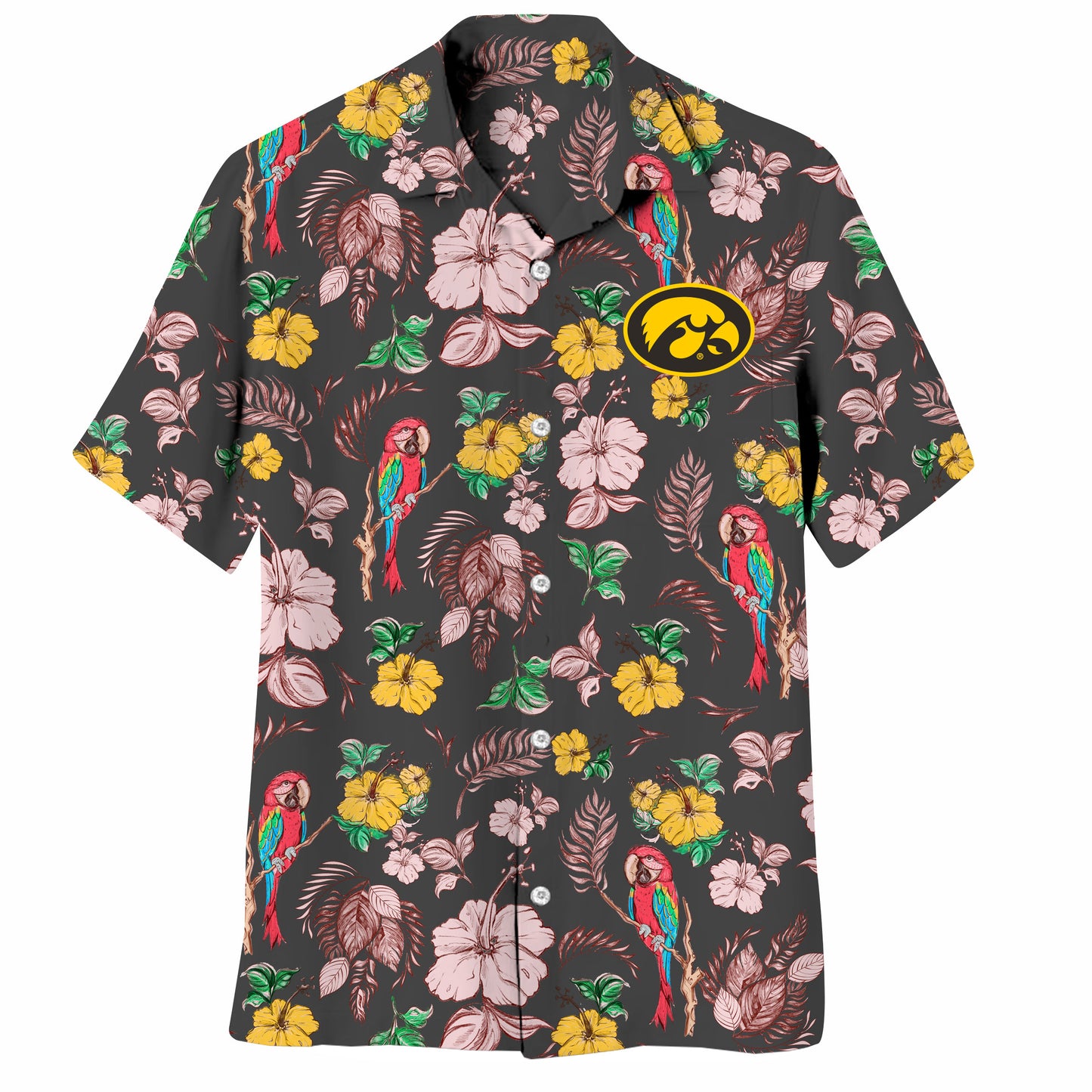 Iowa Hawkeyes Wes and Willy Tropical Parrot Print Hawaiian Button Up Shirt
