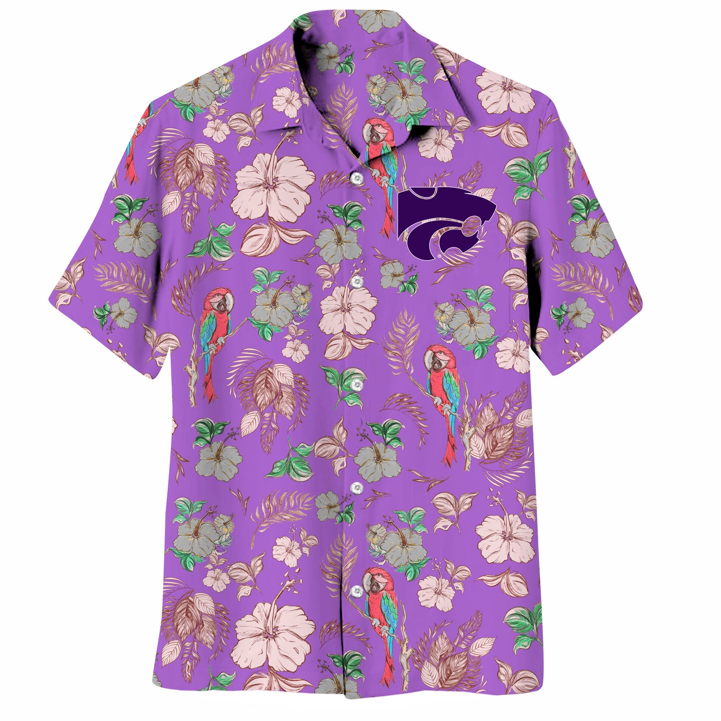 Kansas State Wildcats Wes and Willy Tropical Parrot Print Hawaiian Button Up Shirt