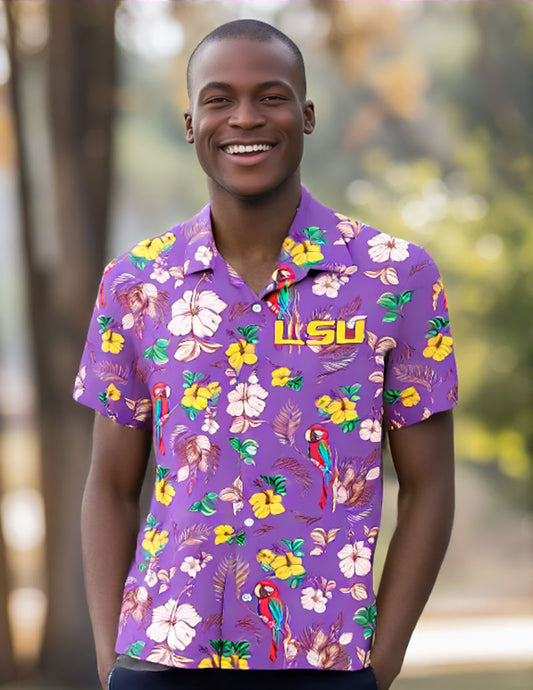 LSU Tigers Wes and Willy Tropical Parrot Print Hawaiian Button Up Shirt