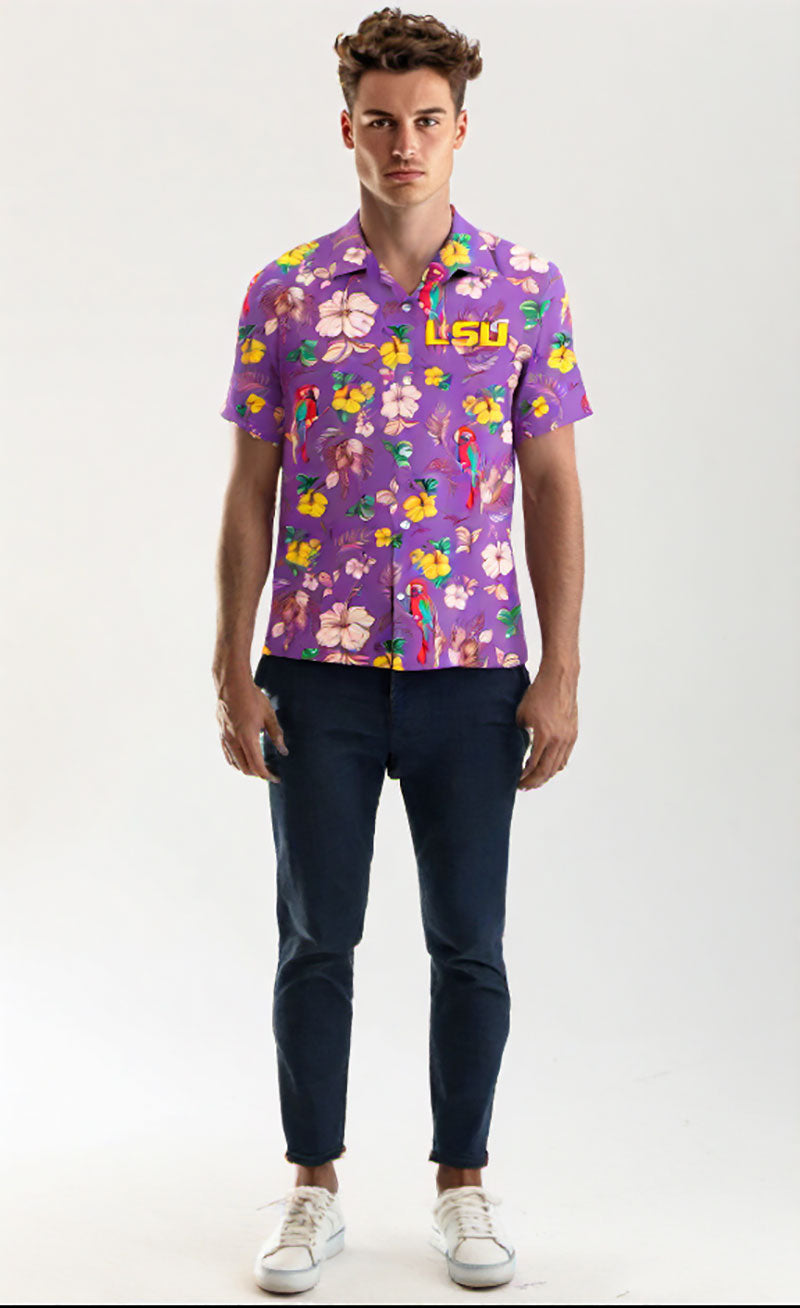 LSU Tigers Wes and Willy Tropical Parrot Print Hawaiian Button Up Shirt