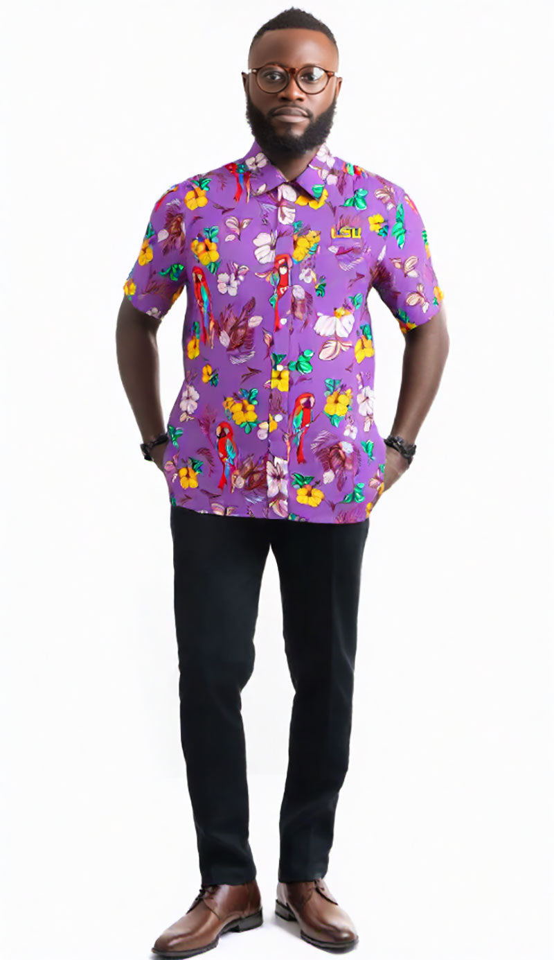LSU Tigers Wes and Willy Tropical Parrot Print Hawaiian Button Up Shirt