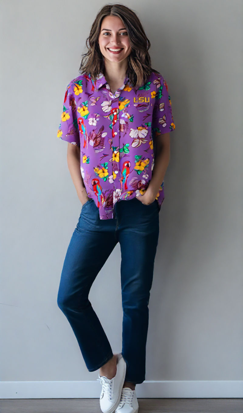 LSU Tigers Wes and Willy Tropical Parrot Print Hawaiian Button Up Shirt