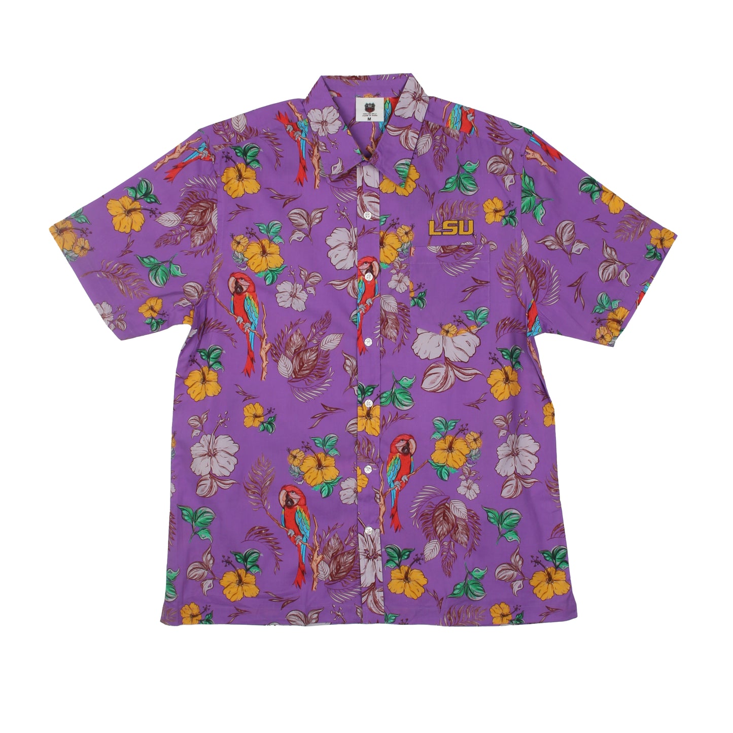 LSU Tigers Wes and Willy Tropical Parrot Print Hawaiian Button Up Shirt