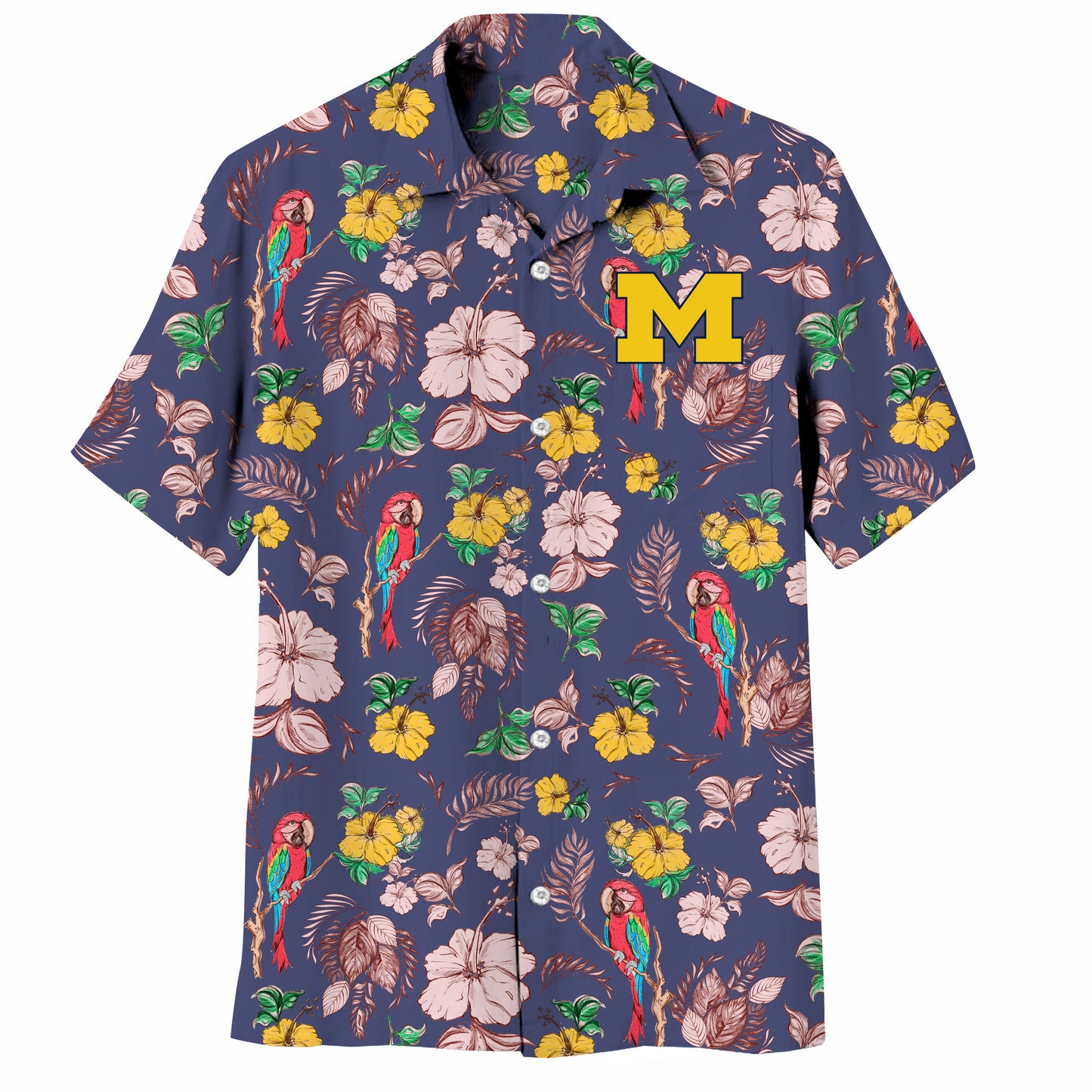 Michigan Wolverines Wes and Willy Tropical Parrot Print Hawaiian Button Up Shirt