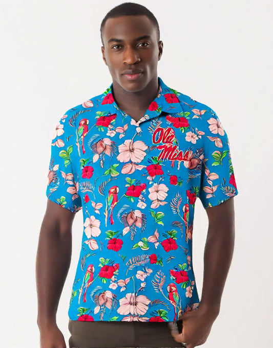 Ole Miss Rebels Wes and Willy Tropical Parrot Print Hawaiian Button Up Shirt
