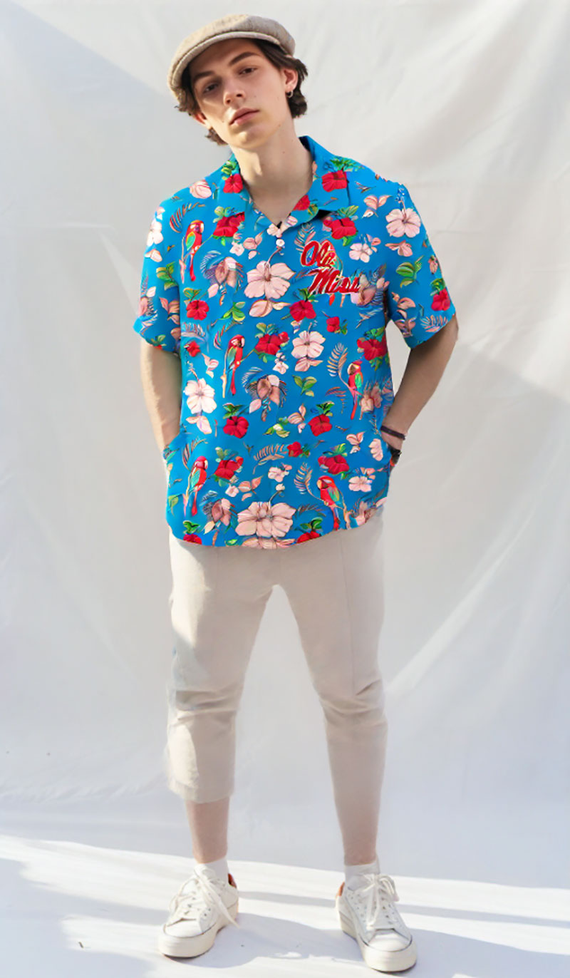 Ole Miss Rebels Wes and Willy Tropical Parrot Print Hawaiian Button Up Shirt
