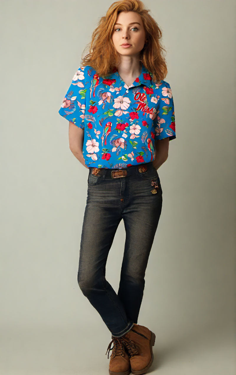 Ole Miss Rebels Wes and Willy Tropical Parrot Print Hawaiian Button Up Shirt