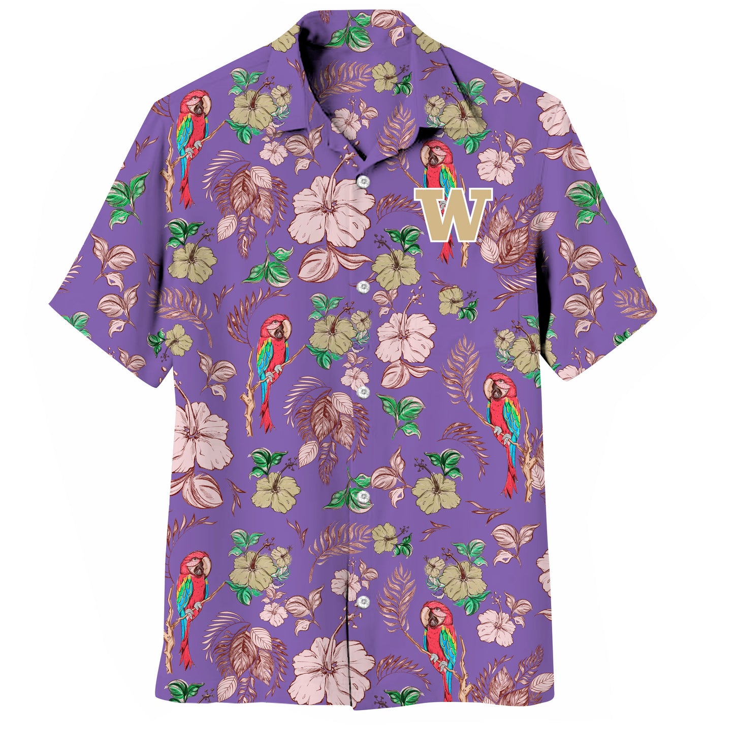 Washington Huskies Wes and Willy Tropical Parrot Print Hawaiian Button Up Shirt