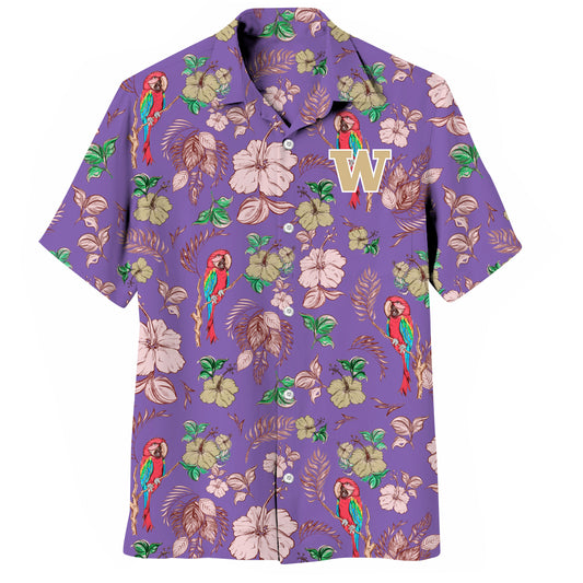 Washington Huskies Wes and Willy Tropical Parrot Print Hawaiian Button Up Shirt