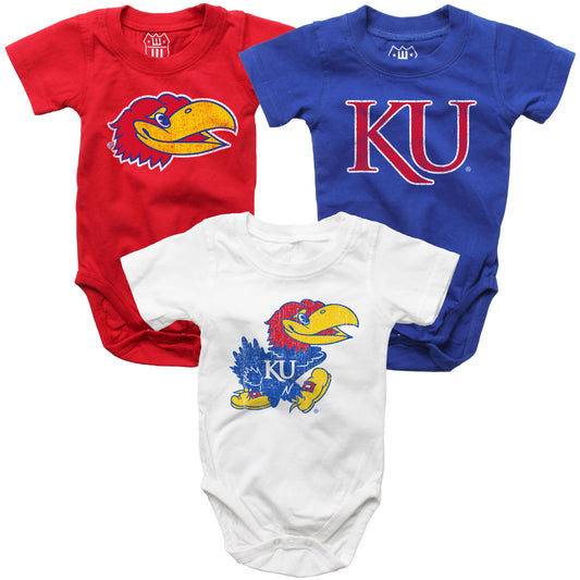 Kansas Jayhawks Wes and Willy Baby 3 Pack Bodysuits