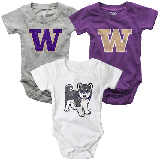 Washington Huskies Wes and Willy Baby 3 Pack Bodysuits