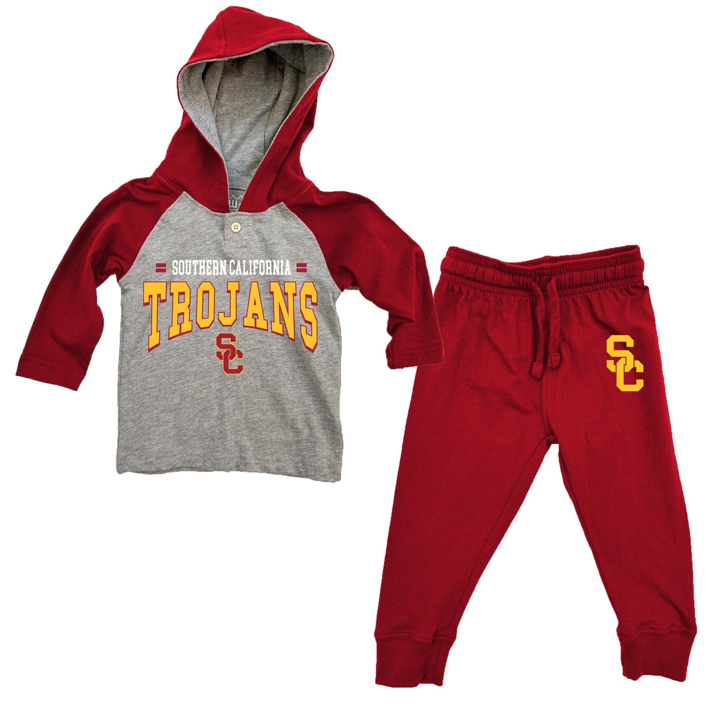 USC Trojans Wes and Willy Infant and Toddler Long Sleeve Hooded Henley and Pant Set