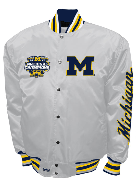 Michigan Wolverines 2023 National Champions Mens Franchise Club White Satin Full-Snap Jacket