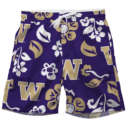 Washington Huskies Wes and Willy Mens College Floral Swim Trunk