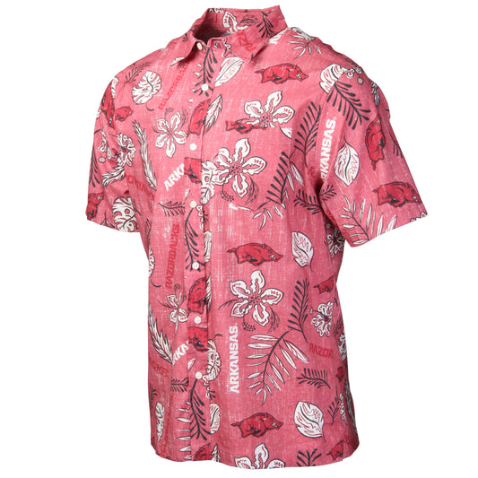 Arkansas Razorbacks Wes and Willy Mens College Hawaiian Short Sleeve Button Down Shirt Vintage Floral