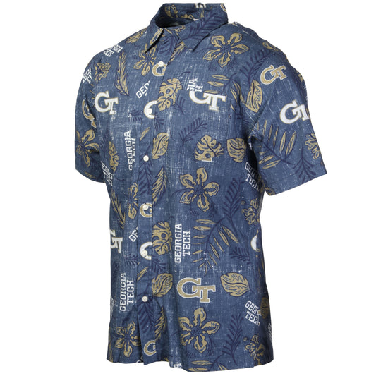 Georgia Tech Wes and Willy Mens College Hawaiian Short Sleeve Button Down Shirt Vintage Floral