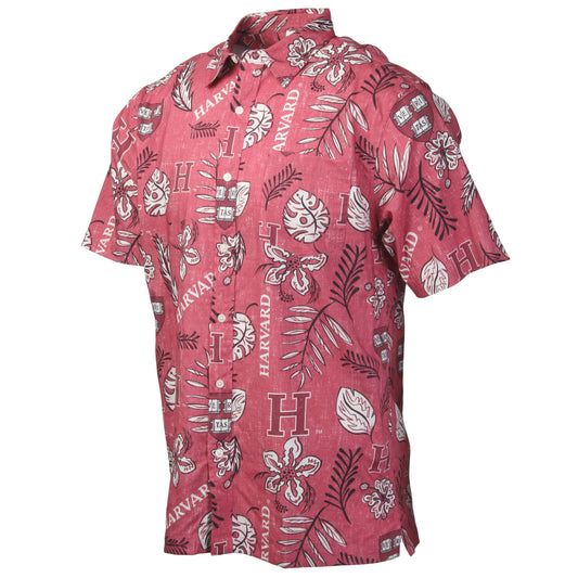 Harvard Crimson Wes and Willy Mens College Hawaiian Short Sleeve Button Down Shirt Vintage Floral