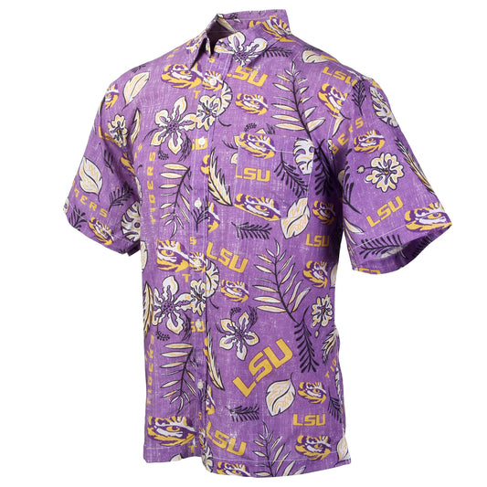 LSU Tigers Wes and Willy Mens College Hawaiian Short Sleeve Button Down Shirt Vintage Floral