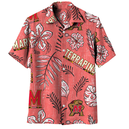 Maryland Terrapins Wes and Willy Mens College Hawaiian Short Sleeve Button Down Shirt Vintage Floral