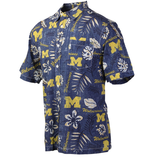 Michigan Wolverines Wes and Willy Mens College Hawaiian Short Sleeve Button Down Shirt Vintage Floral