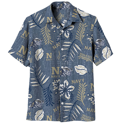 Navy Midshipmen Wes and Willy Mens College Hawaiian Short Sleeve Button Down Shirt Vintage Floral