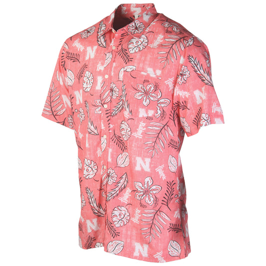 Nebraska Cornhuskers Wes and Willy Mens College Hawaiian Short Sleeve Button Down Shirt Vintage Floral