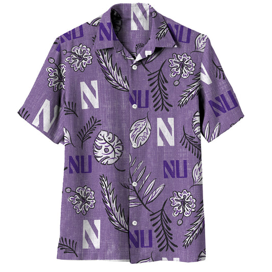 Northwestern Wildcats Wes and Willy Mens College Hawaiian Short Sleeve Button Down Shirt Vintage Floral