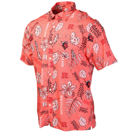 Rutgers Scarlet Knights Wes and Willy Mens College Hawaiian Short Sleeve Button Down Shirt Vintage Floral