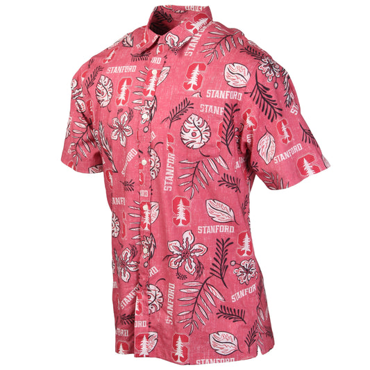 Stanford Cardinal Wes and Willy Mens College Hawaiian Short Sleeve Button Down Shirt Vintage Floral