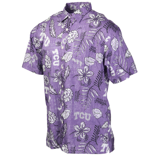 TCU Horned Frogs Wes and Willy Mens College Hawaiian Short Sleeve Button Down Shirt Vintage Floral