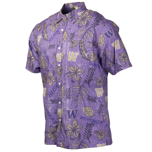 Washington Huskies Wes and Willy Mens College Hawaiian Short Sleeve Button Down Shirt Vintage Floral
