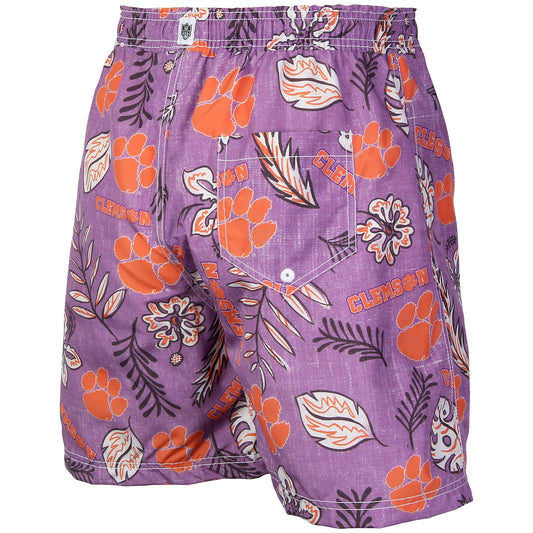 Clemson Tigers Wes and Willy Mens College Vintage Floral Swim Trunks