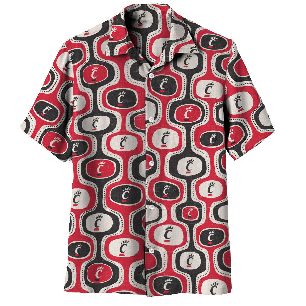 Cincinnati Bearcats Wes and Willy Mens College Cabana Boy Retro Button Down Hawaiian Short Sleeve Shirt