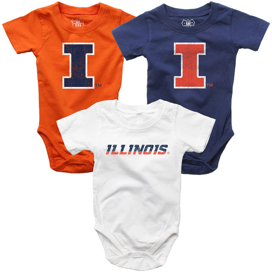 Illinois Fighting Illini Wes and Willy Baby 3 Pack Bodysuits