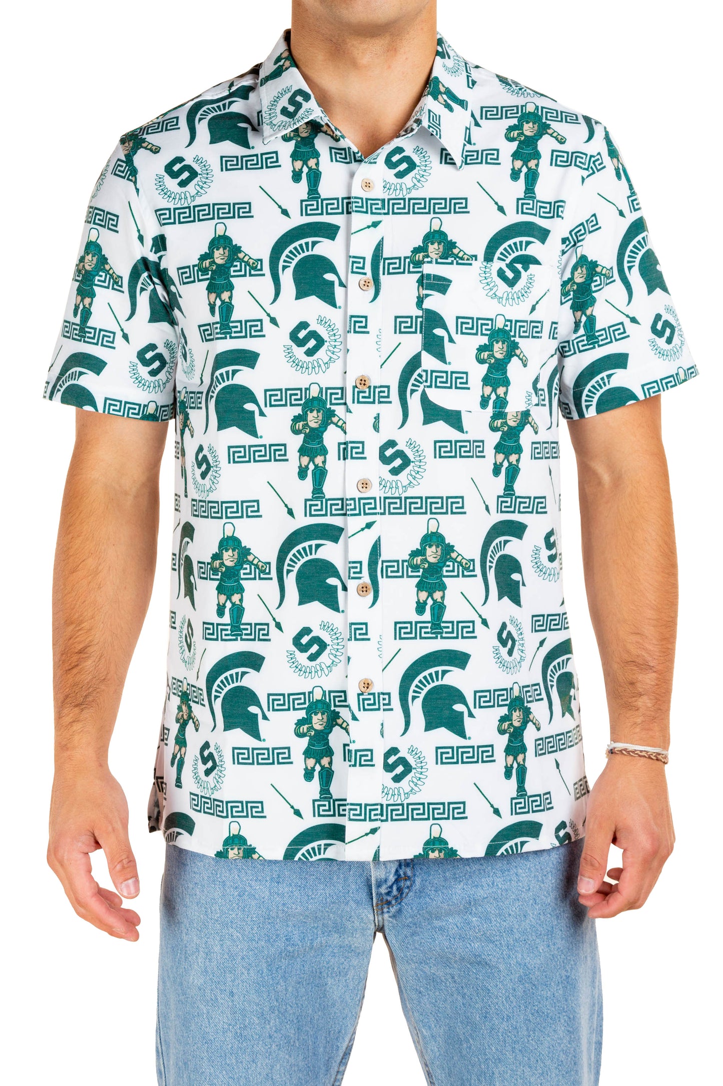 Michigan State Spartans Tellum and Chop Mens Floral Hawaiian Shirt White Mascot
