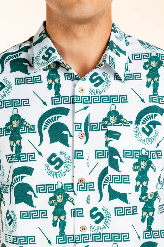 Michigan State Spartans Tellum and Chop Mens Floral Hawaiian Shirt White Mascot