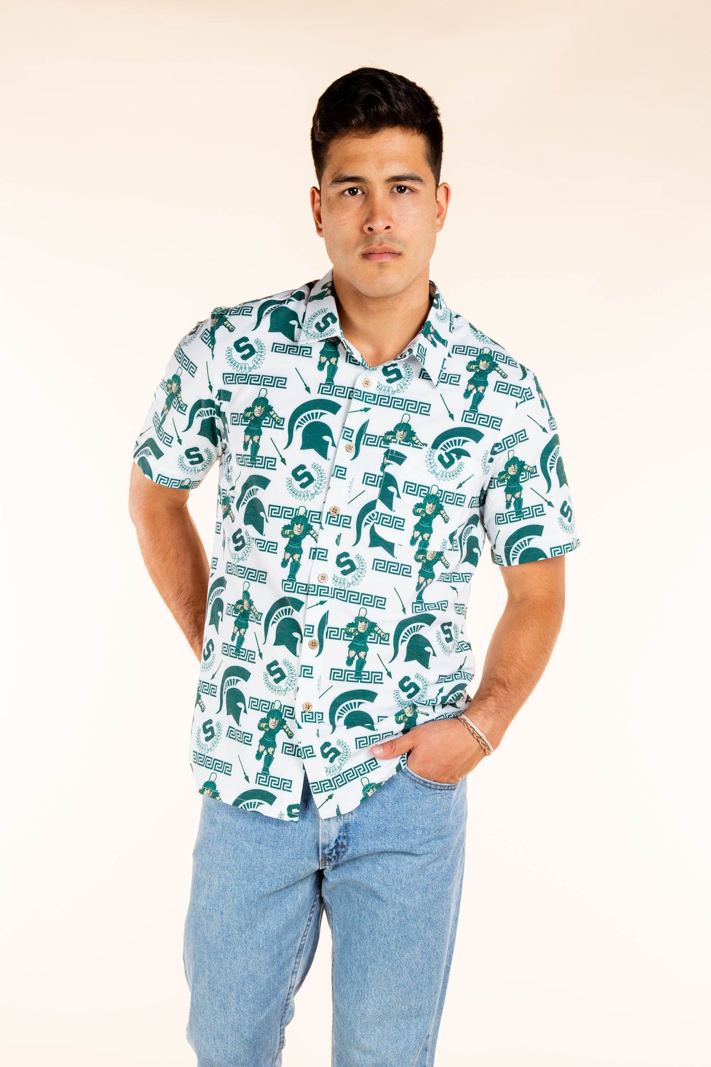 Michigan State Spartans Tellum and Chop Mens Floral Hawaiian Shirt White Mascot