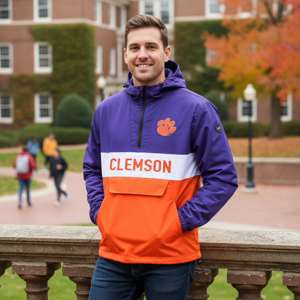 Clemson Tigers Franchise Club Mens NCAA Alpha Anorak Jacket Purple