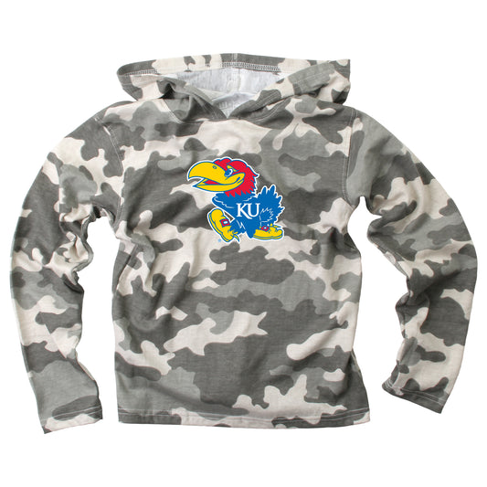 Kansas Jayhawks Wes and Willy Youth Boys Long Sleeve Camo Hooded T-Shirt