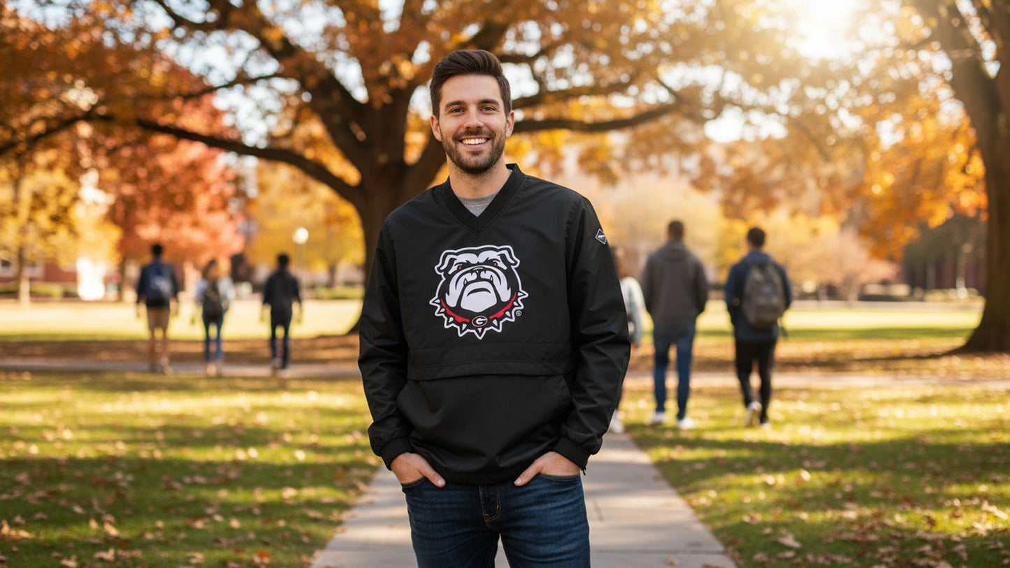 Georgia Bulldogs Franchise Club Men's Big Logo Windshell V-Neck Pullover Jacket Black