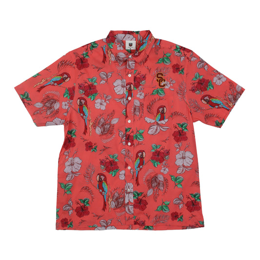 USC Trojans Wes and Willy Tropical Parrot Print Hawaiian Button Up Shirt