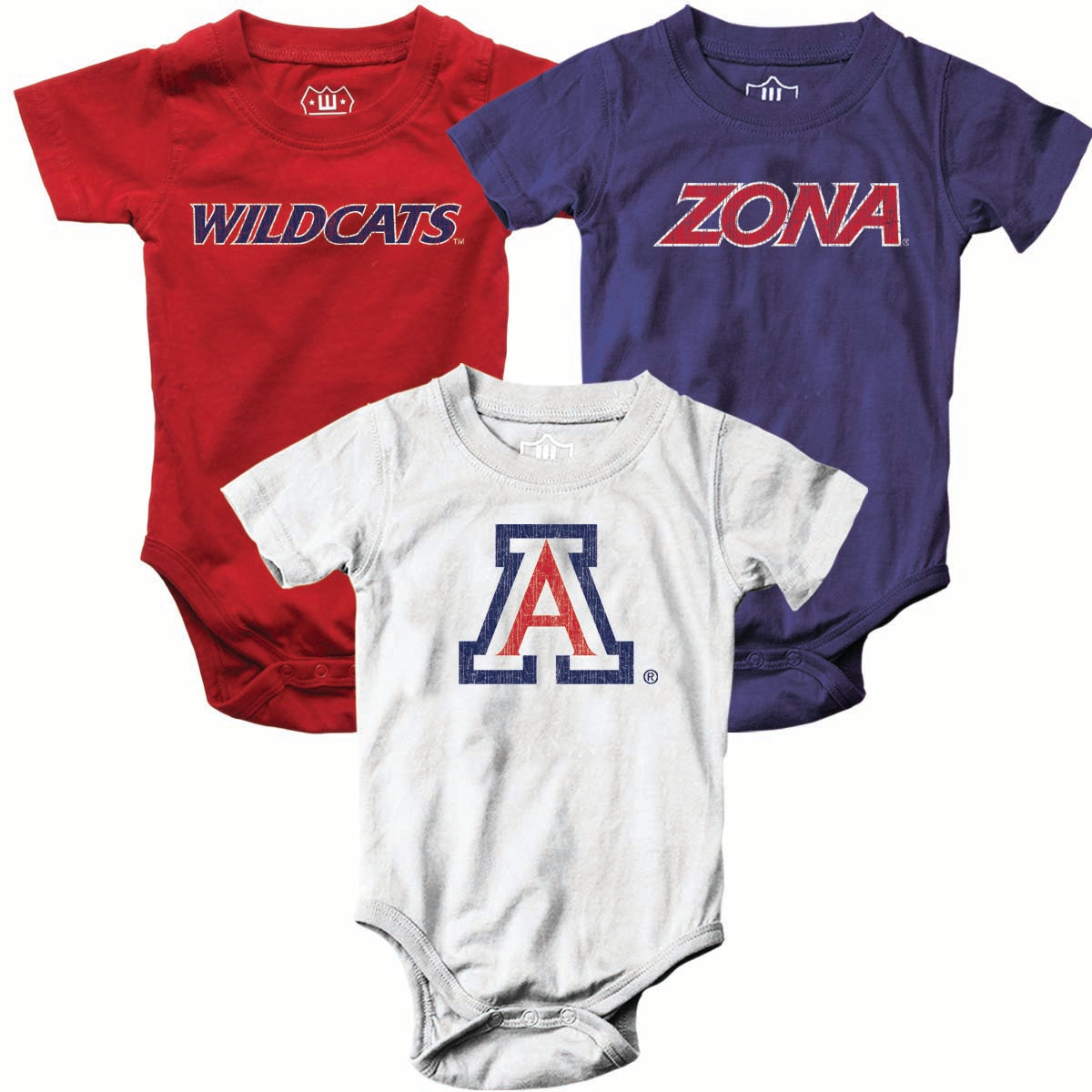 Arizona Wildcats Wes and Willy Baby 3 Pack Bodysuits