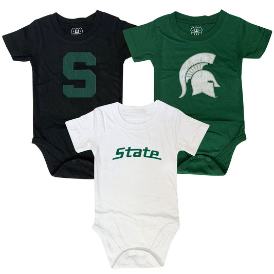 Michigan State Spartans Wes and Willy Baby 3 Pack Bodysuits