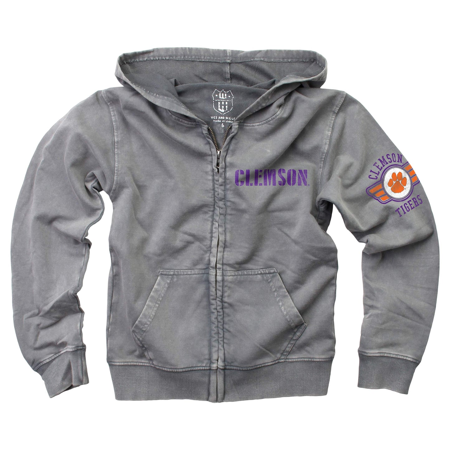 Clemson Tigers Wes and Willy Boys Zip Up Hoodie Jacket Castlerock Faded Fleece